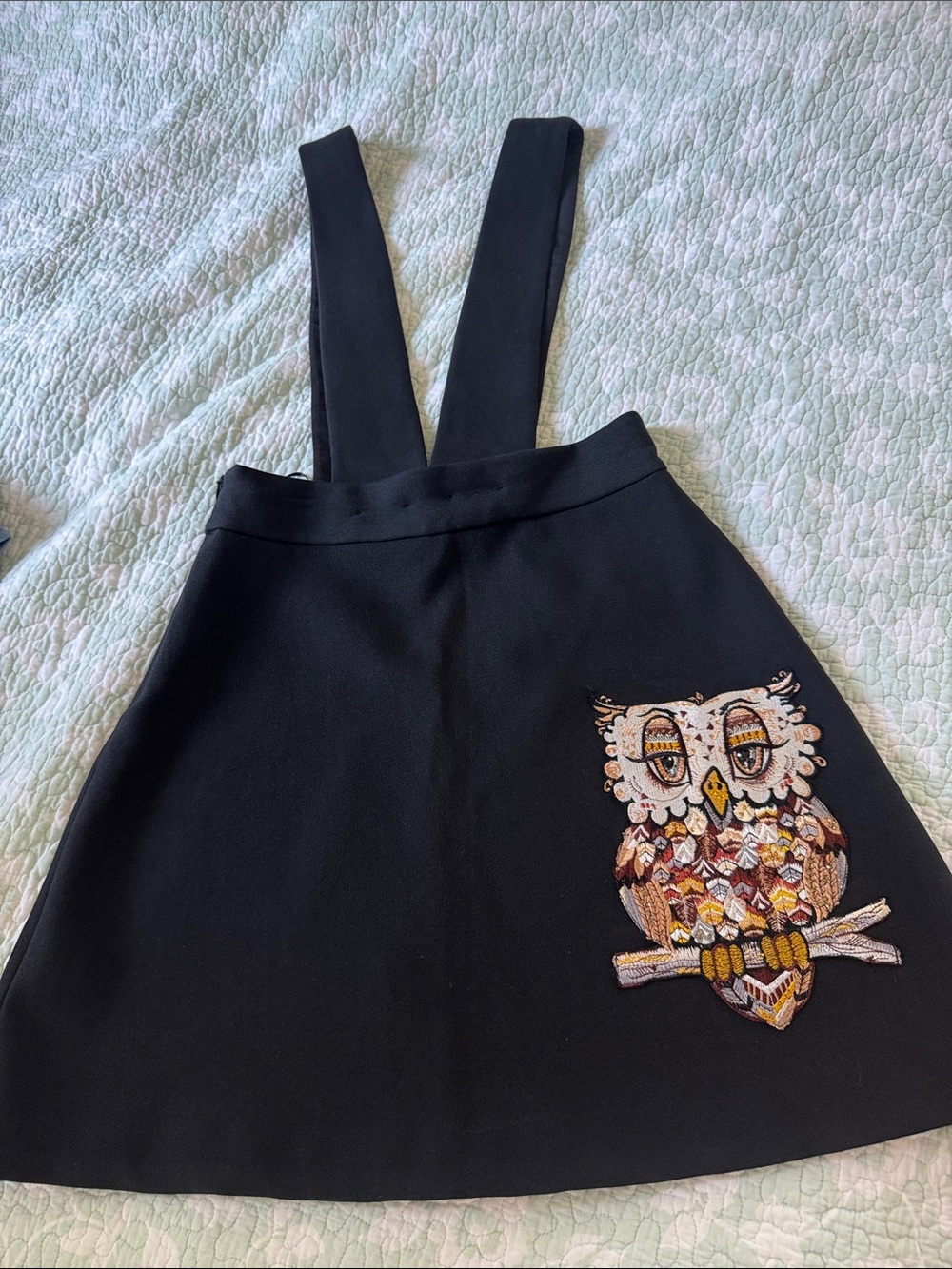 Black Suspender Skirt with Embroidered Owl